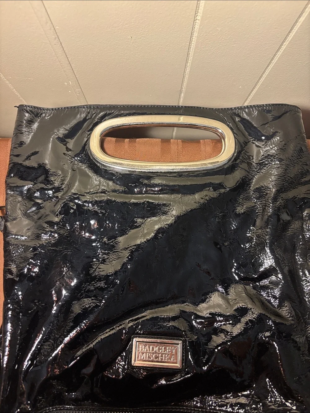 Badgley Mischka Black Crinkled Patent Leather 2Way Foldover Clutch Tote w/ Strap